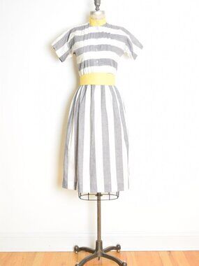 vintage 80s dress gray white yellow striped preppy shirtwaist dolman midi XS